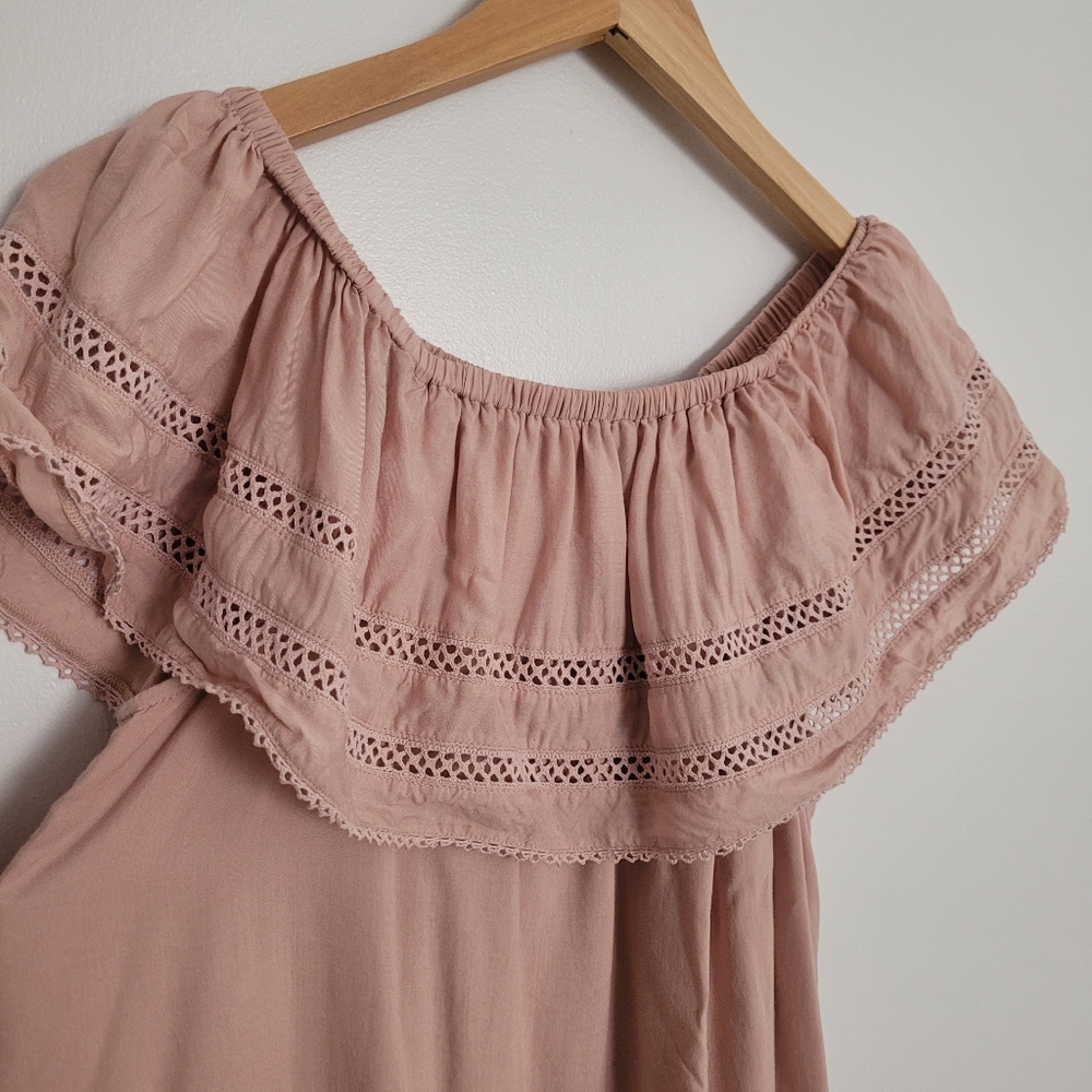 Aritzia Wilfred Emmie Off The Shoulder Lace Dusty Pink Prairie Boho Dress Medium - Picture 3 of 7